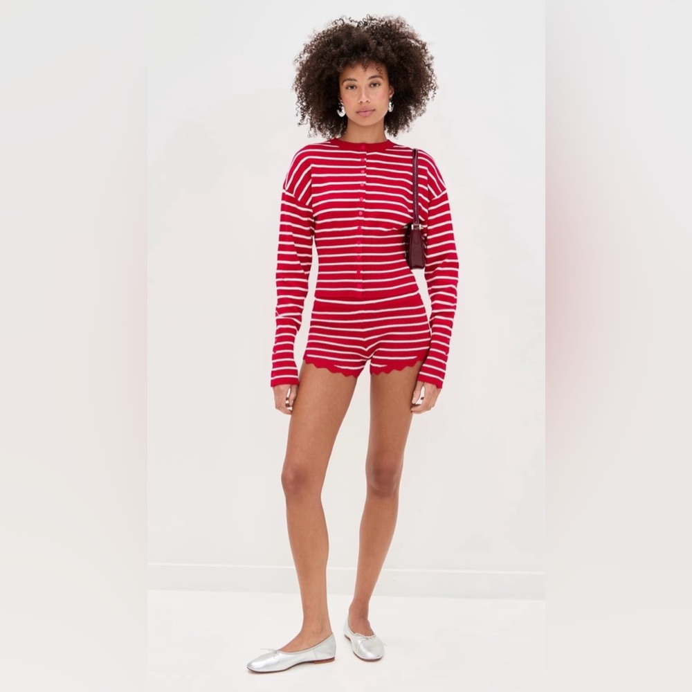 Lioness Set Head In The Clouds Cardigan in crimson stripe and Dollhouse shorts